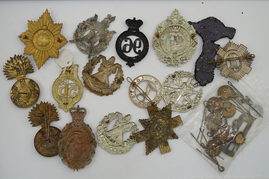 Fourteen Glengarry badges, cap badges, etc. including; 96th Regiment of Foot, Royal Scots Fusiliers, Coldstream Guards pouch badge, 21st SAS Artists Rifles, Cameron Highlanders, 56th West Essex Regiment, Argyle and Suthe